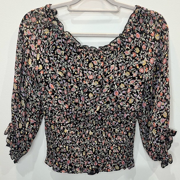 By Anthropologie Smocked Floral Shirt Sz S Sheer 3/4 Sleeve Cottagecore Coquette - Picture 4 of 5